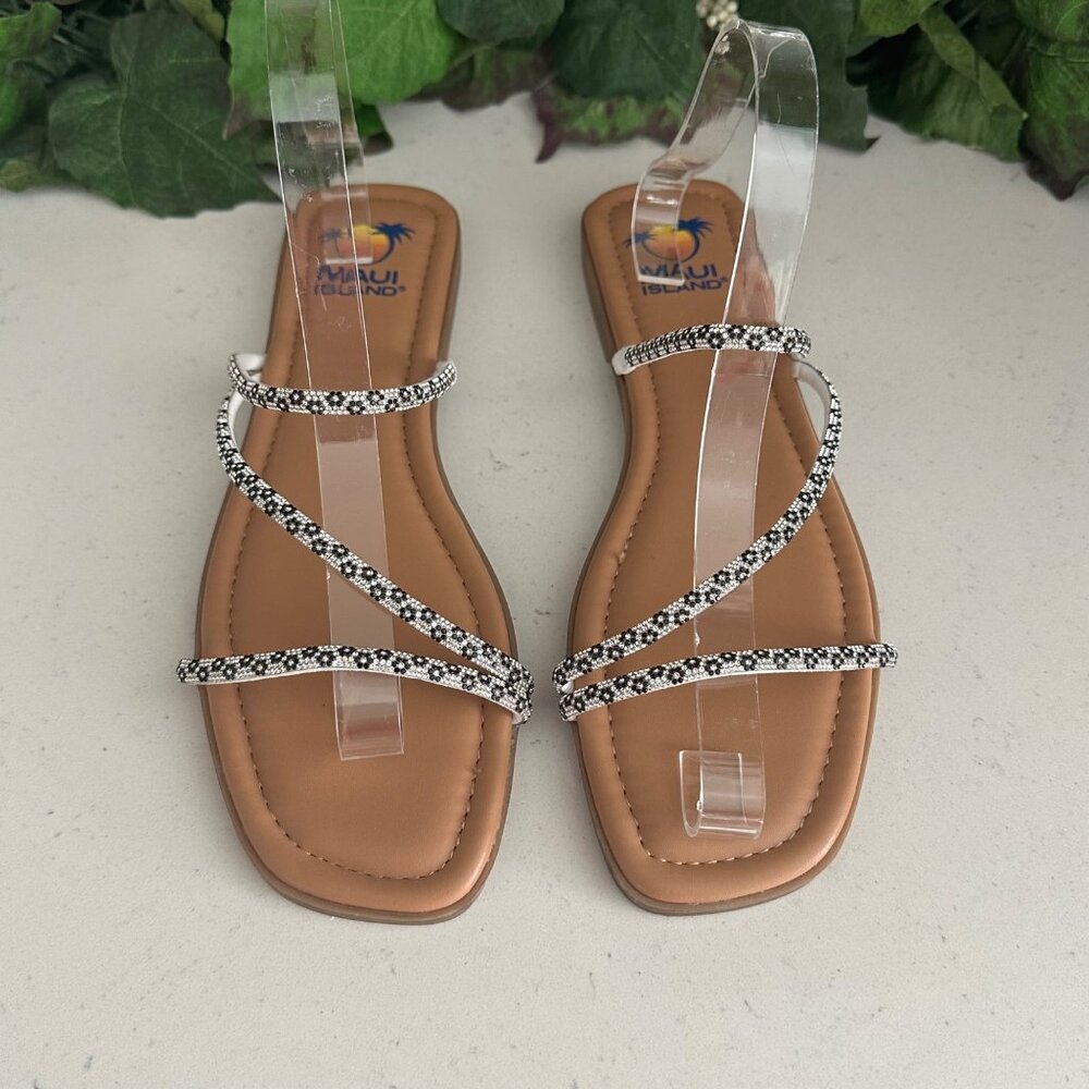Maui Island Womens Daphne Sandals 10M Brown Faux Leather Rhinestone Straps Comfo